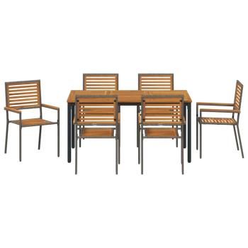 7-teiliges Garten Essgruppen Set Grau Polyrattan Akazie, Stapelbare Gartenstühle mit Kissen 2 Stück Grau Polyrattan, Gartentisch 150x90x75 cm aus massivem Akazienholz und Metall
