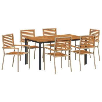 7-teiliges Garten Essset Beige Poly Rattan Akazie, stapelbare Sessel mit Kissen - Set von 2 in Beige Poly Rattan, Gartentisch 150x90x75 cm aus massivem Akazienholz und Metall