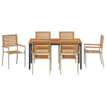 7-teiliges Garten Essset Beige Poly Rattan Akazie, stapelbare Sessel mit Kissen - Set von 2 in Beige Poly Rattan, Gartentisch 150x90x75 cm aus massivem Akazienholz und Metall