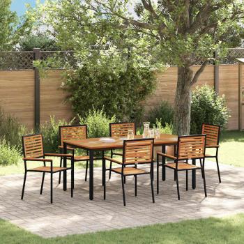ARDEBO.de - 7-teiliges Garten Esszimmer Set Schwarz Poly Rattan Akazie, Stapelbare Gartenstühle mit Kissen 2 Stück Schwarz Poly Rattan, Gartentisch 180x90x75 cm Aus massivem Akazienholz und Metall