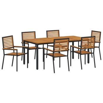 7-teiliges Garten Esszimmer Set Schwarz Poly Rattan Akazie, Stapelbare Gartenstühle mit Kissen 2 Stück Schwarz Poly Rattan, Gartentisch 180x90x75 cm Aus massivem Akazienholz und Metall