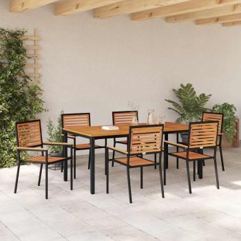 7-teiliges Garten Esszimmer Set Schwarz Poly Rattan Akazie, Stapelbare Gartenstühle mit Kissen 2 Stück Schwarz Poly Rattan, Gartentisch 180x90x75 cm Aus massivem Akazienholz und Metall