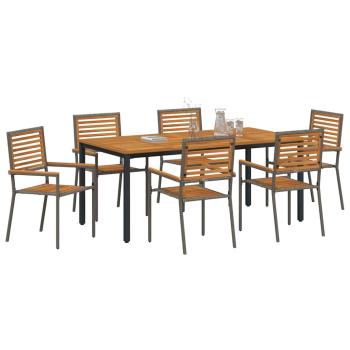 7-teilige Garten-Essgruppe Grau Poly-Rattan Akazie, Stapelbare Gartenstühle mit Kissen 2 Stk Grau Poly-Rattan, Gartentisch 180x90x75 cm aus massiver Akazie und Metall