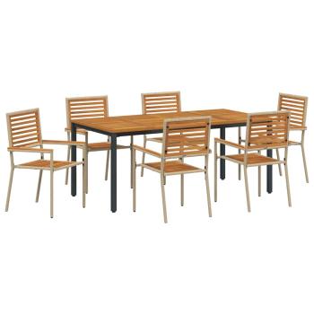 7-teilige Garten Essgruppe Beige Poly Rattan Akazie, Stapelbare Gartenstühle mit Kissen - Set von 2 in Beige Poly Rattan, Gartentisch 180x90x75 cm Massiv Akazienholz und Metall