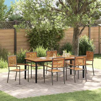 ARDEBO.de - 7-teiliges Garten Esszimmer Set Grau Poly Rattan Akazie, Stapelbare Gartenstühle mit Kissen 2 Stück Grau Poly Rattan, Gartentisch 200x90x75 cm aus massivem Akazienholz und Metall