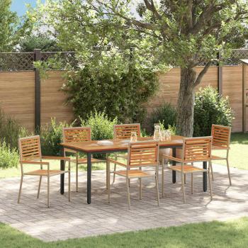 ARDEBO.de - 7-teiliges Garten Esszimmer Set Beige Poly Rattan Akazie, Stapelbare Gartenstühle mit Kissen - Set von 2 in Beige Poly Rattan, Gartentisch 200x90x75 cm aus massivem Akazienholz und Metall