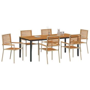 7-teiliges Garten Esszimmer Set Beige Poly Rattan Akazie, Stapelbare Gartenstühle mit Kissen - Set von 2 in Beige Poly Rattan, Gartentisch 200x90x75 cm aus massivem Akazienholz und Metall