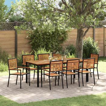 ARDEBO.de - 9-teiliges Garten Essset Schwarz Poly Rattan Akazie, stapelbare Gartenstühle mit Kissen 2 Stück Schwarz Poly Rattan, Gartentisch 200x90x75 cm aus massivem Akazienholz und Metall