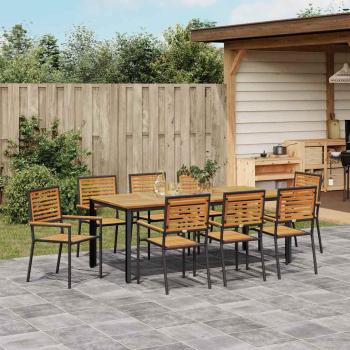 9-teiliges Garten Essset Schwarz Poly Rattan Akazie, stapelbare Gartenstühle mit Kissen 2 Stück Schwarz Poly Rattan, Gartentisch 200x90x75 cm aus massivem Akazienholz und Metall