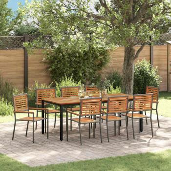 ARDEBO.de - 9-teiliges Garten-Essgruppe Grau Poly Rattan Akazie, Stapelbare Gartenstühle mit Kissen 2 Stück Grau Poly Rattan, Gartentisch 200x90x75 cm aus massivem Akazienholz und Metall