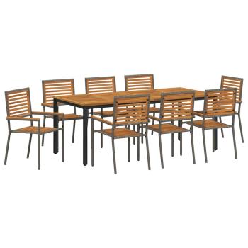9-teiliges Garten-Essgruppe Grau Poly Rattan Akazie, Stapelbare Gartenstühle mit Kissen 2 Stück Grau Poly Rattan, Gartentisch 200x90x75 cm aus massivem Akazienholz und Metall
