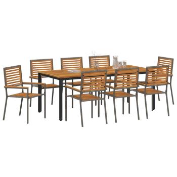 9-teiliges Garten-Essgruppe Grau Poly Rattan Akazie, Stapelbare Gartenstühle mit Kissen 2 Stück Grau Poly Rattan, Gartentisch 200x90x75 cm aus massivem Akazienholz und Metall