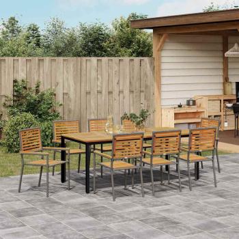 9-teiliges Garten-Essgruppe Grau Poly Rattan Akazie, Stapelbare Gartenstühle mit Kissen 2 Stück Grau Poly Rattan, Gartentisch 200x90x75 cm aus massivem Akazienholz und Metall