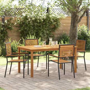 ARDEBO.de - 5-teiliges Garten Esszimmer Set Schwarz Polyrattan Akazie, Stapelbare Gartenstühle mit Kissen 2 Stück Schwarz Polyrattan