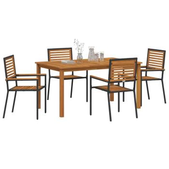 5-teiliges Garten Esszimmer Set Schwarz Polyrattan Akazie, Stapelbare Gartenstühle mit Kissen 2 Stück Schwarz Polyrattan