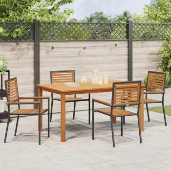 5-teiliges Garten Esszimmer Set Schwarz Polyrattan Akazie, Stapelbare Gartenstühle mit Kissen 2 Stück Schwarz Polyrattan