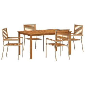5-teiliges Garten-Essset Beige Poly Rattan Akazie, Stapelgartenstühle mit Kissen - Set aus 2 in Beige Poly Rattan
