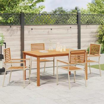 5-teiliges Garten-Essset Beige Poly Rattan Akazie, Stapelgartenstühle mit Kissen - Set aus 2 in Beige Poly Rattan