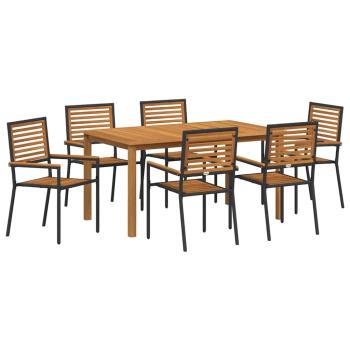 7-teilige Garten-Essgruppe Schwarz Poly-Rattan Akazie, Stapelbare Gartenstühle mit Kissen 2 Stk Schwarz Poly-Rattan