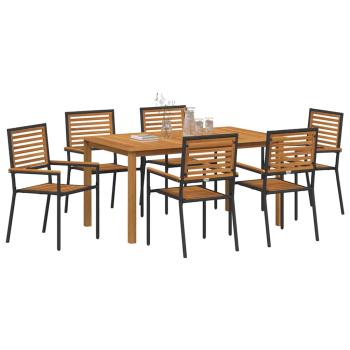 7-teilige Garten-Essgruppe Schwarz Poly-Rattan Akazie, Stapelbare Gartenstühle mit Kissen 2 Stk Schwarz Poly-Rattan