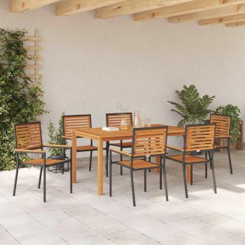 7-teilige Garten-Essgruppe Schwarz Poly-Rattan Akazie, Stapelbare Gartenstühle mit Kissen 2 Stk Schwarz Poly-Rattan
