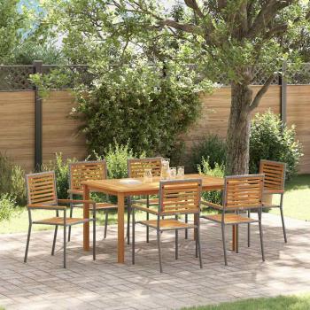 ARDEBO.de - 7-teiliges Garten-Essset Grau Poly Rattan Akazie, Stapelbare Gartenstühle mit Kissen 2 Stück Grau Poly Rattan