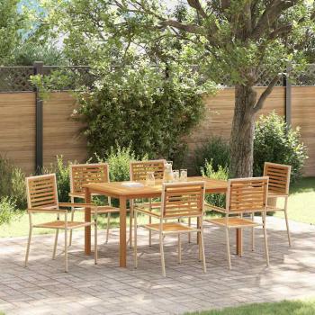 ARDEBO.de - 7-teilige Garten-Essgruppe Beige Poly Rattan Akazie, Stapelbare Gartenstühle mit Kissen - Set aus 2 in Beige Poly Rattan