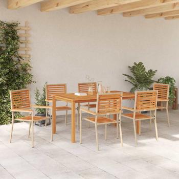 7-teilige Garten-Essgruppe Beige Poly Rattan Akazie, Stapelbare Gartenstühle mit Kissen - Set aus 2 in Beige Poly Rattan