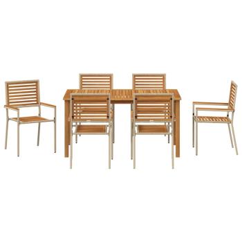 7-teilige Garten-Essgruppe Beige Poly Rattan Akazie, Stapelbare Gartenstühle mit Kissen - Set aus 2 in Beige Poly Rattan