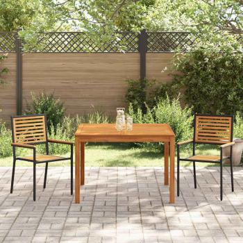 3-teiliges Garten Essset Schwarz Poly-Rattan Akazie, Stapelbare Gartenstühle mit Kissen 2 Stück Schwarz Poly-Rattan