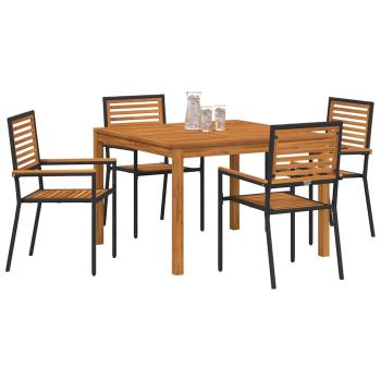 5-teiliges Garten Esszimmer Set Schwarzes Poly Rattan Akazie, Stapelbare Gartenstühle mit Kissen 2 Stück Schwarzes Poly Rattan