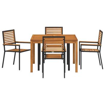 5-teiliges Garten Esszimmer Set Schwarzes Poly Rattan Akazie, Stapelbare Gartenstühle mit Kissen 2 Stück Schwarzes Poly Rattan
