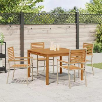 5-teiliges Garten-Esstischset Beige Poly-Rattan Akazie, Stapelbare Gartenstühle mit Kissen - Set von 2 in Beige Poly-Rattan
