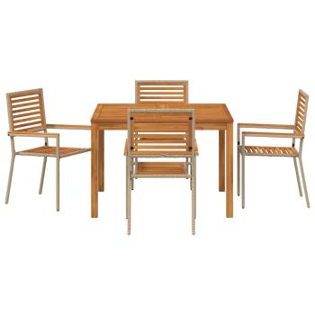 5-teiliges Garten-Esstischset Beige Poly-Rattan Akazie, Stapelbare Gartenstühle mit Kissen - Set von 2 in Beige Poly-Rattan