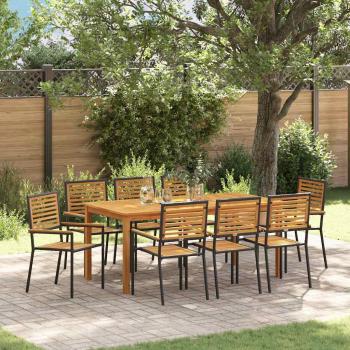 ARDEBO.de - 9-teiliges Garten-Essset Schwarz Poly Rattan Akazie, Stapelbare Gartenstühle mit Kissen 2 Stück Schwarz Poly Rattan