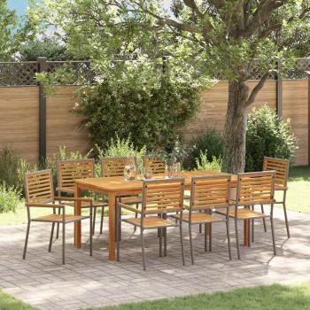 ARDEBO.de - 9-teiliges Garten Esszimmer Set Grau Poly Rattan Akazie, Stapelbare Gartenstühle mit Kissen 2 Stk Grau Poly Rattan