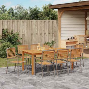 9-teiliges Garten Esszimmer Set Grau Poly Rattan Akazie, Stapelbare Gartenstühle mit Kissen 2 Stk Grau Poly Rattan