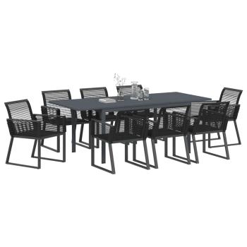 9-teiliges Garten Esszimmer Set Schwarz Poly Rattan, Erweiterbarer Gartentisch Anthrazit (140-210)x90x73 cm Stahl