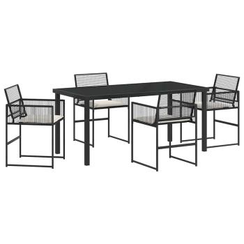 5-teiliges Garten-Esszimmer-Set mit Kissen - Schwarzer Poly-Rattan