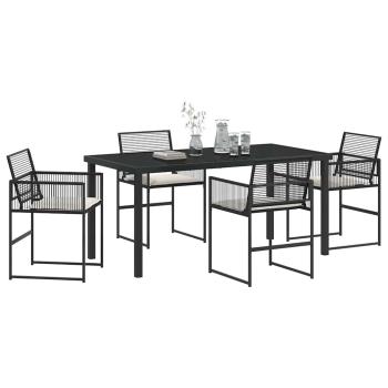 5-teiliges Garten-Esszimmer-Set mit Kissen - Schwarzer Poly-Rattan