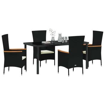 5-teiliges Garten-Essset mit Kissen Schwarzes Poly-Rattan
