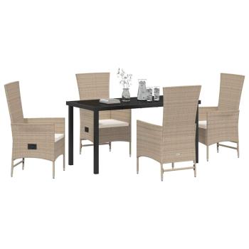 5-teiliges Garten-Ess-Set mit Kissen Beige Poly-Rattan
