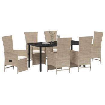 7-teiliges Garten-Dining-Set mit Kissen Beige Poly Rattan