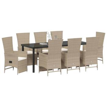 9-teiliges Garten-esstisch-Set mit Kissen Beige Poly-Rattan