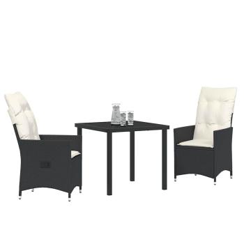 3-teiliges Garten-Esszimmer set mit Kissen Schwarz Poly-Rattan