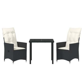 3-teiliges Garten-Esszimmer set mit Kissen Schwarz Poly-Rattan