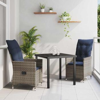 ARDEBO.de - 3-teilige Garten Essgruppe mit Kissen Graues Poly Rattan, Gartentisch Schwarz 80x80x73 cm Gehärtetes Glas