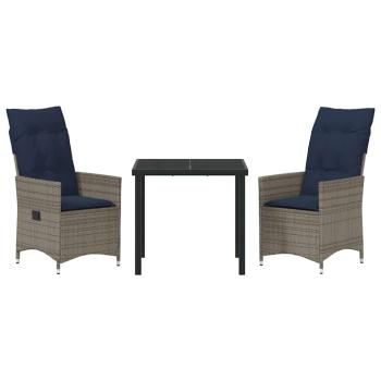 3-teilige Garten Essgruppe mit Kissen Graues Poly Rattan, Gartentisch Schwarz 80x80x73 cm Gehärtetes Glas