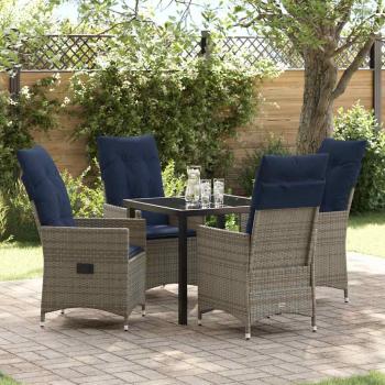ARDEBO.de - 5-teiliges Garten-Essset mit Kissen aus grauem Poly Rattan, Gartentisch Schwarz 80x80x73 cm mit gehärtetem Glas