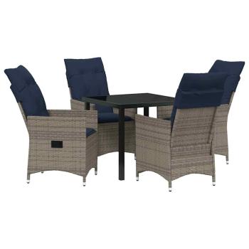 5-teiliges Garten-Essset mit Kissen aus grauem Poly Rattan, Gartentisch Schwarz 80x80x73 cm mit gehärtetem Glas